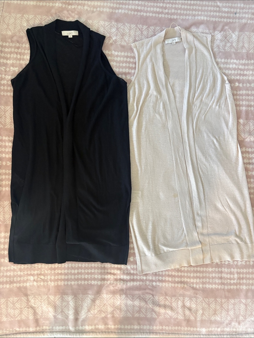 LOFT Sleeveless Open-Front Long Cardigans in Black and beige